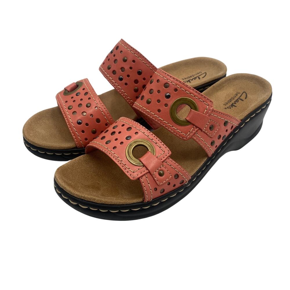 Clarks Lexi Laurel Cactus Wedge Sandals Leather Coral Pink Black Womens 9
